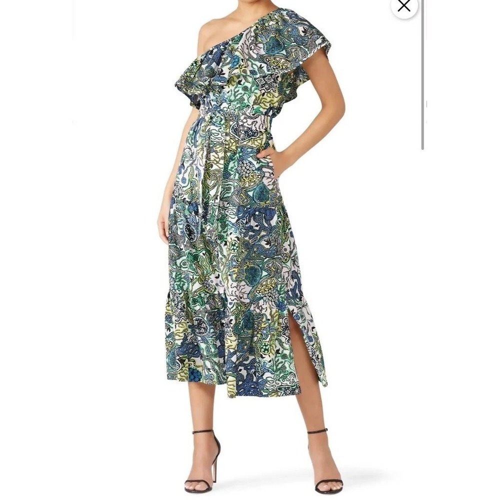 A.L.C. Naomi One Shoulder Ruffle Midi Dress Silk Cotton Abstract Print Size S